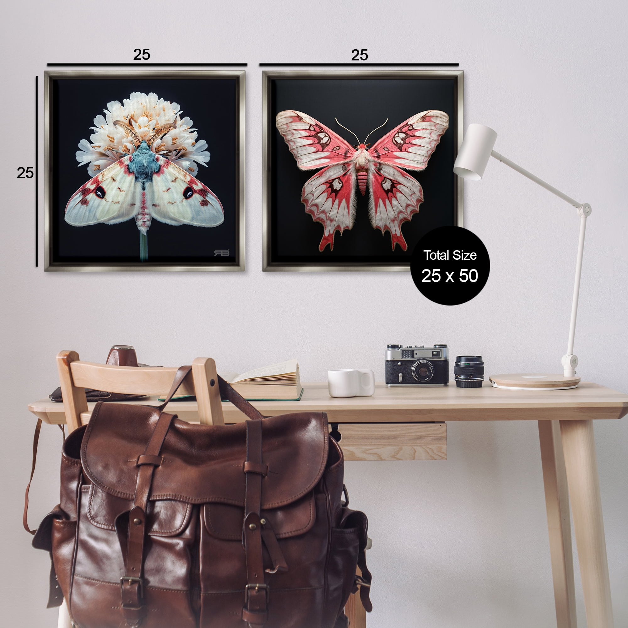 Stupell Industries Detailed Pink Moths Flower Animals Painting Gray Floater Framed Canvas Art Print Wall Art, 25 x 25, Set of 2