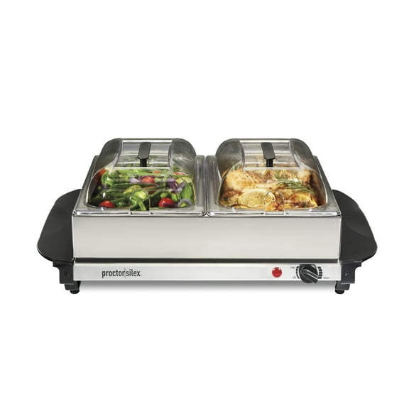 Proctor Silex Double Buffet Server and Food Warmer, Two 2.5 Qt Oven-Safe Chafing Dish Set, Stainless Steel