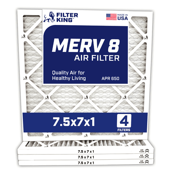 Filter King 7.5x7x1 Air Filter | 4-PACK | MERV 8 HVAC Pleated A/C Furnace Filters | MADE IN USA | Actual Size: 7.5 x 7 x .75"