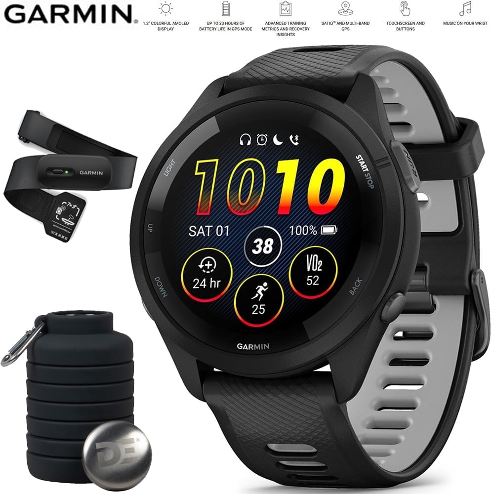 Garmin 010-02810-00 Forerunner 265 GPS Smartwatch Black/Powder Gray Bundle with Garmin Heart Rate Monitor Accurate Heart Rate & HRV Data Strap XS-S and Deco Essentials Collapsable Water Bottle