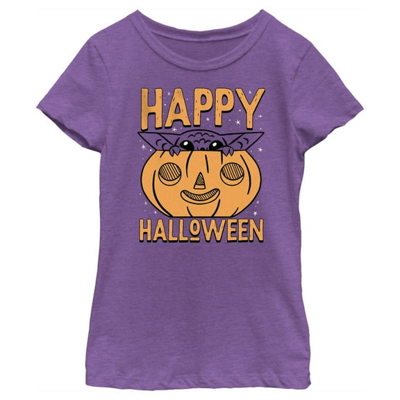 Girl's Star Wars: The Mandalorian Halloween Grogu Pumpkin Peek  Graphic Tee Purple Berry Medium