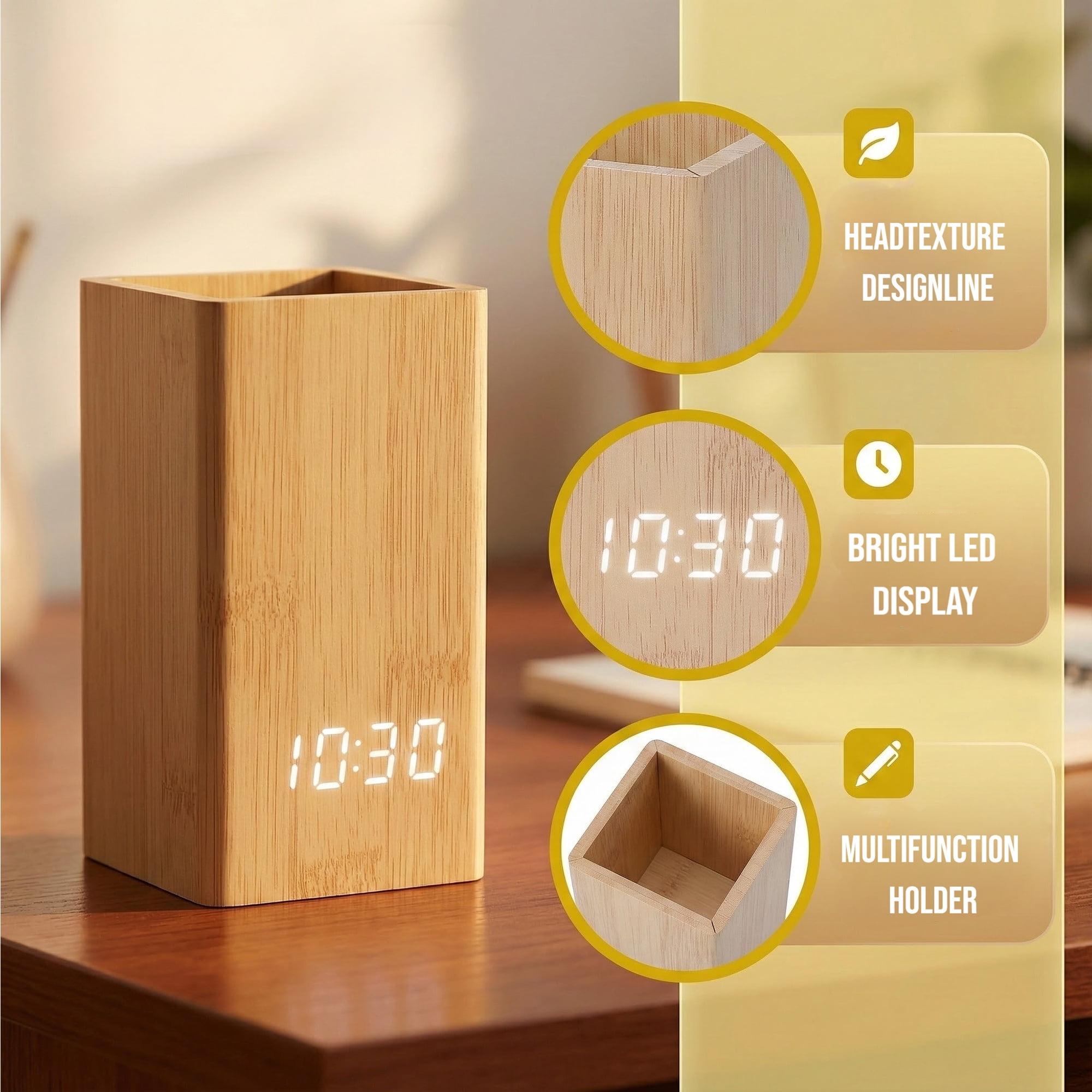 Unique Bargains Voice Wake-Up LED Alarm Clock Brown 5.5"L x 2.6"W x 2.8"H