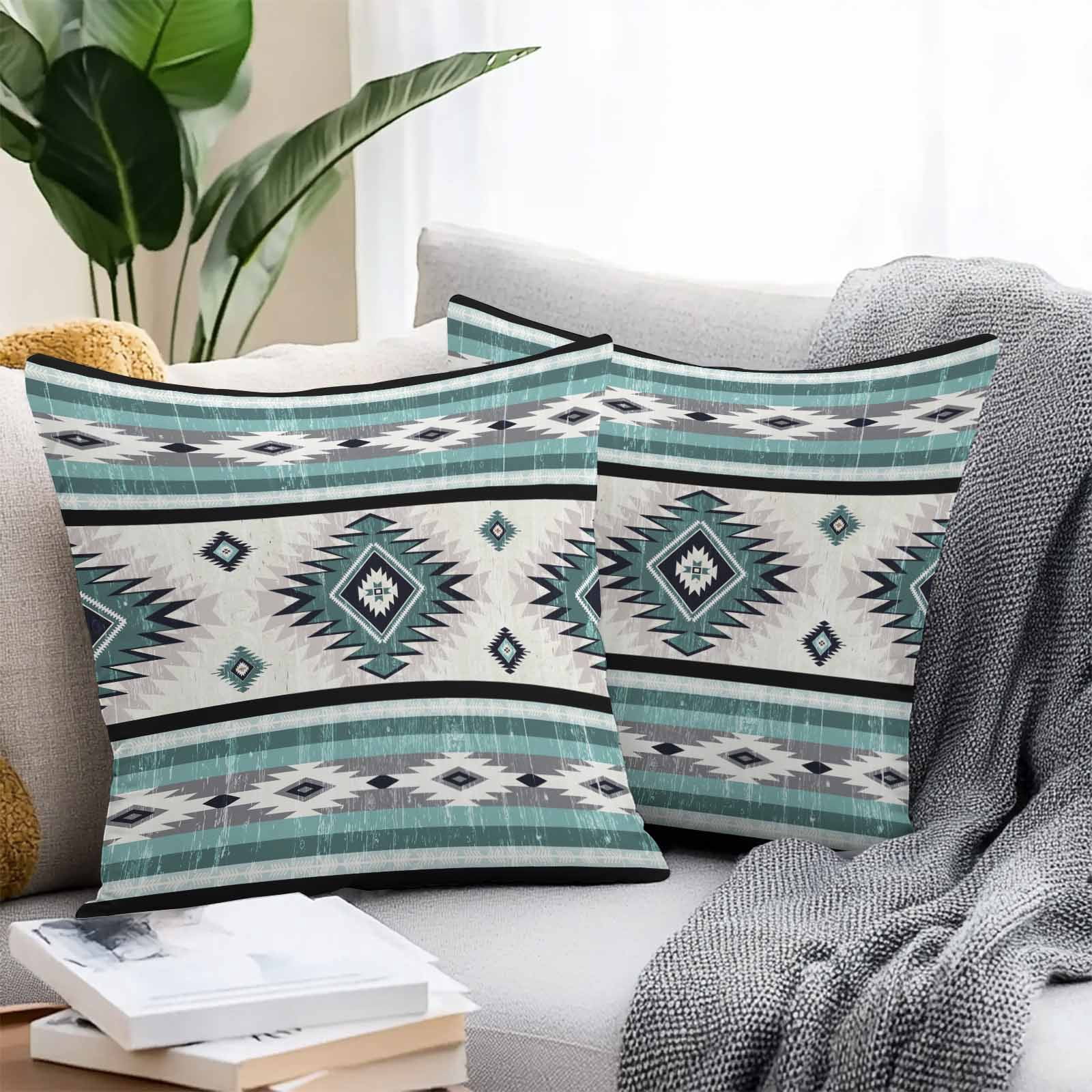 Outdoor Waterproof Throw Pillow Covers Set of 2 Turquoise Boho Aztec Decorative Pillowcases Outdoor Pillows Cushion Case 16x16 Inch Southwest Tribal Geometric Patio Pillows for Couch Sofa Bed Garden