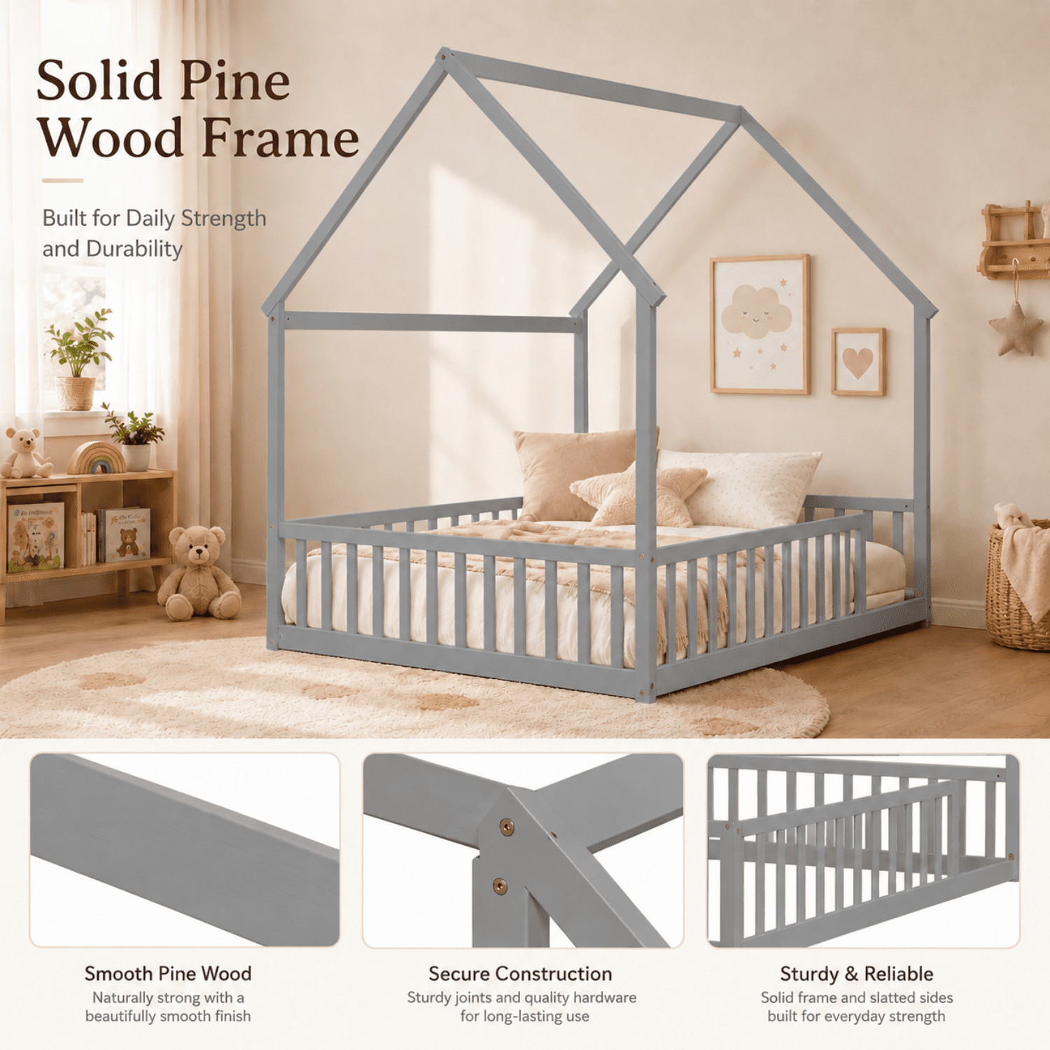 Miniyam Full Size Kids House Floor Bed with Fence, Wood Montessori Bed Frame, Gray
