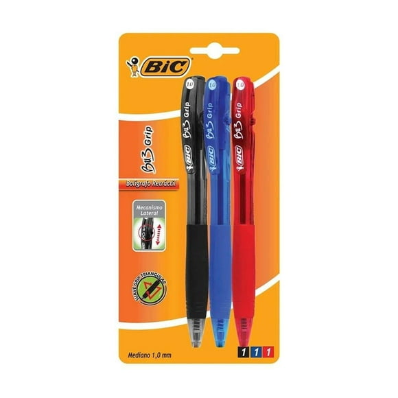 Bolígrafo Bic BU3 Grip Punto Mediano 1.0 mm Negro, Rojo, Azul 3 Piezas