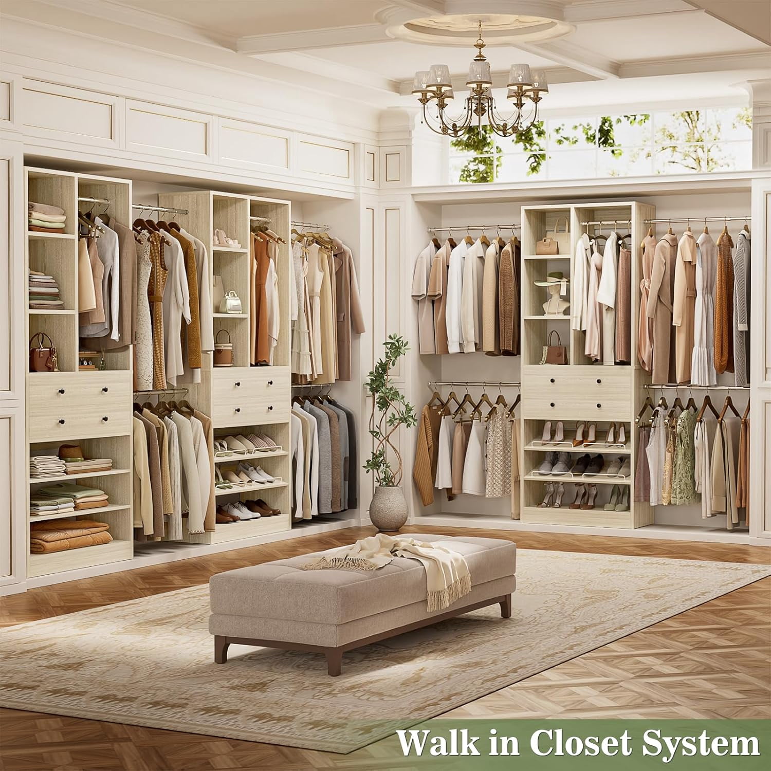 Homieasy Closet System, 2.4–8.8 FT Closet Organizer System with 2 Drawers, 5 Hanging Rods and Shoe Racks for Walk-in Closet, Bedroom, White Oak