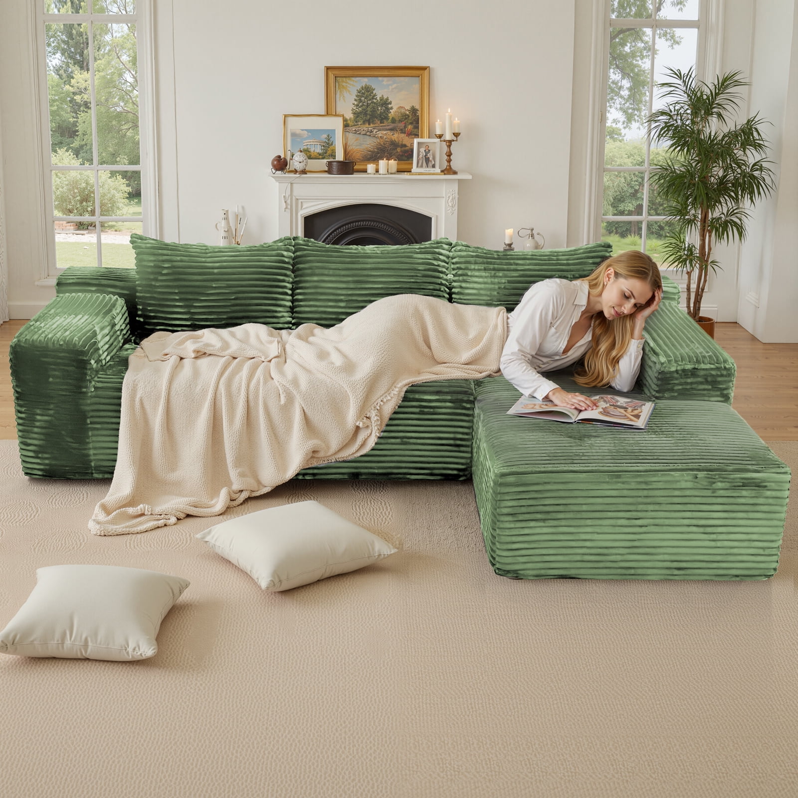 Kelyda 105" Modular L-Shaped Cloud Sofa, Plush Boneless Sectional with Deep Seats Chaise Corduroy Fabric Green