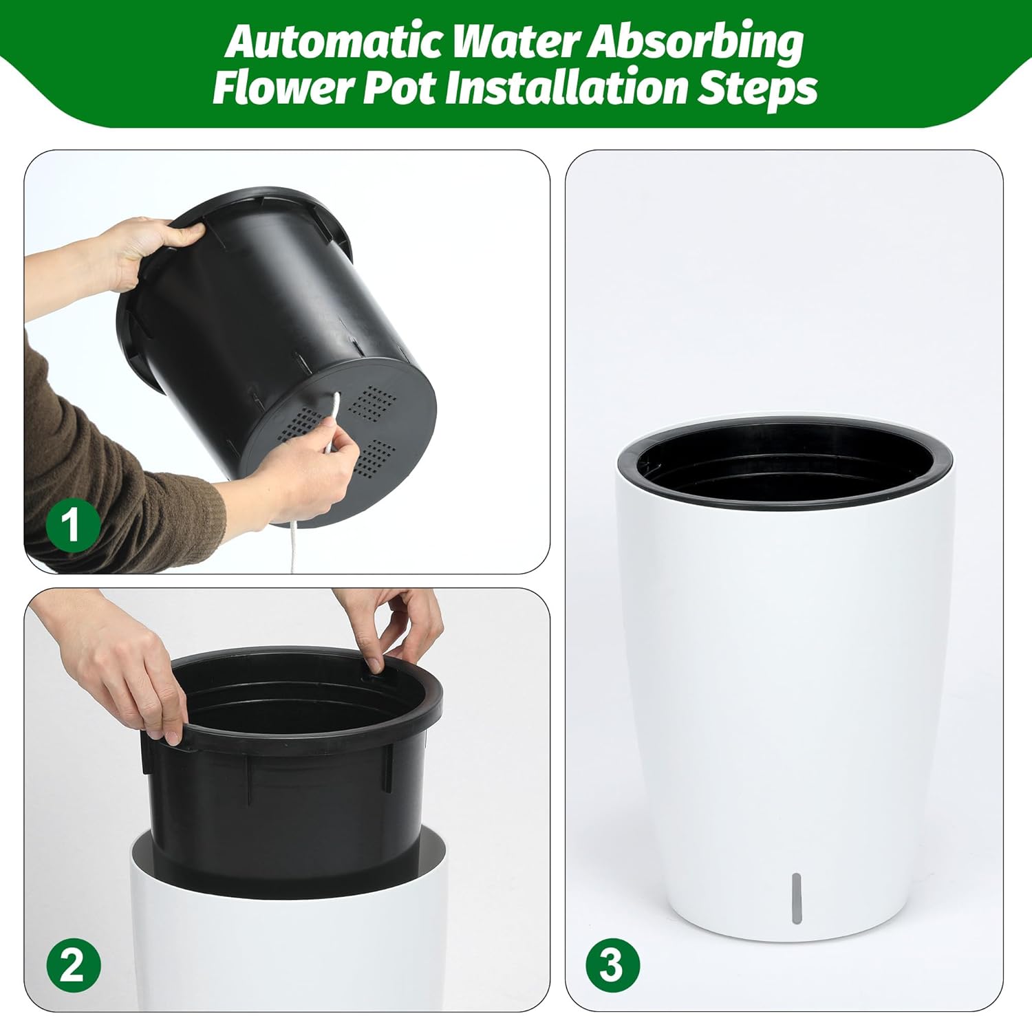 Riedhoff 15.7" Tall Round Planter Pots, Built-In Drainage, Self-Watering, 2 Count, White