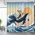 thumbnail image 2 of Extra Long Shower Curtain - Funny Cute Cat Riding Shark in Ocean Wave, Whale Cat Fabric Cloth Fun Bath Shower Curtain Set with 12 Hooks for Bathroom Decor Bathtub Curtain, 72"x84", 2 of 6