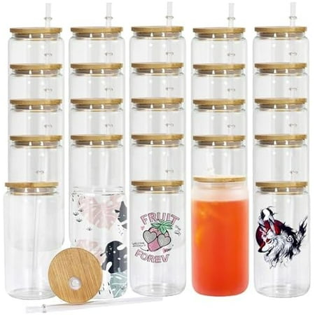[25Pcs Set 16 oz sublimation Glass with Bamboo Lid and Straws, 16 oz Sublimation Glass Mason Jar, Drinking Glasses, Beer Glasses, Ice Coffee Glasses, Soda, Tea.