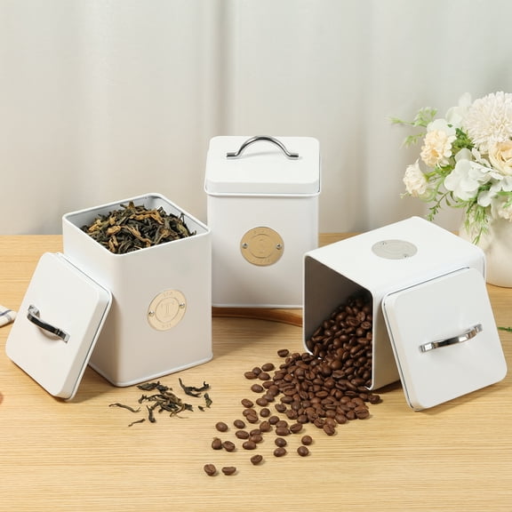 3 Pcs Kitchen Storage Jar,Square Coffee Tea Sugar Containers with Lids,Farmhouse Pantry Organization for Tea Coffee and Sugar