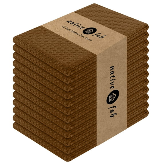 Native Fab 12 Pack Waffle Kitchen Towels - Absorbent Dish Cloths for Cleaning Drying - Brown