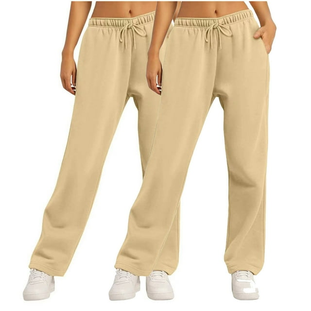 FAIWAD 2pc Straight Leg Sweatpants for Women Solid Color Elastic Waist Loose Jogger Pants with Drawstring