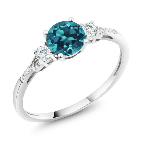 Gem Stone King 10K White Gold London Blue Topaz White Created Sapphire and White Diamond Accent 3-Stone Engagement Ring for Women | 0.90 Cttw | Gemstone November Birthstone | Round 6MM (Size 7)