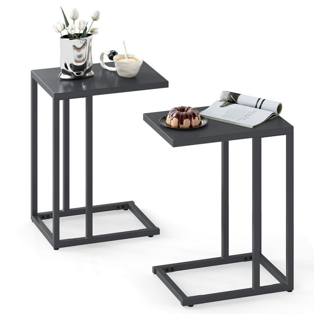 Gymax C Shaped End Table Set of 2 w/Metal Frame Sofa Table for Small Space Modern