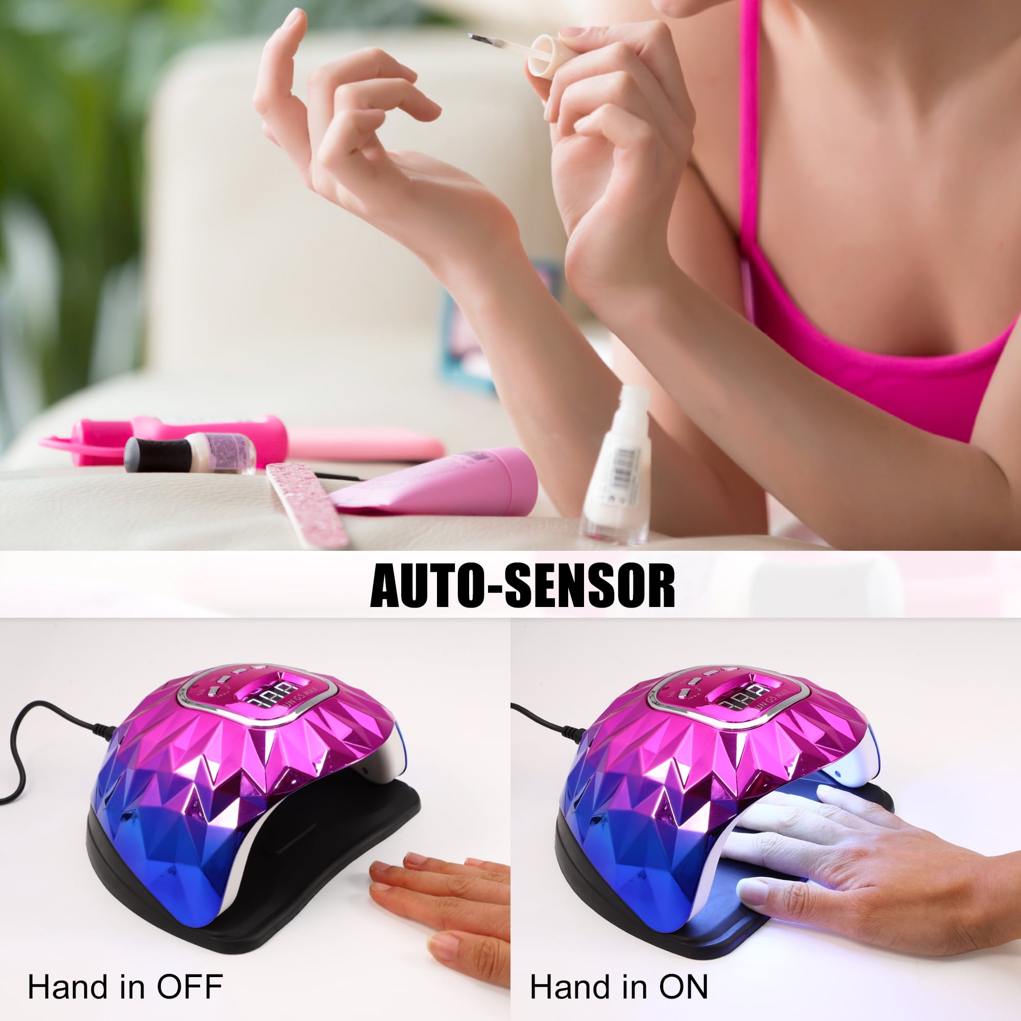 Unique Bargains UV-LED Nail Lamp Portable Gel Nail Polish Dryer with Sensor 4 Timers 200W 45pcs Nail Light Blue Purple