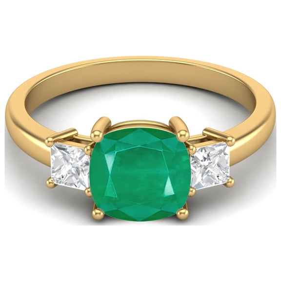 Mooneye 925 Sterling Silver Gold Vermeil 7mm Cushion Shape Emerald Three Stone Engagement Women Ring