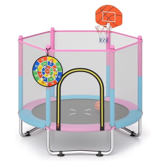 Trampoline for Kids, 60” Toddler Rebounder with Basketball Hoop & Board, All-Round Enclosure Net,Mini Indoor Kids Trampoline for Boys & Girls