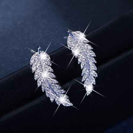 925 Silver Diamond Feather Bride's Engagement Anniversary Earrings