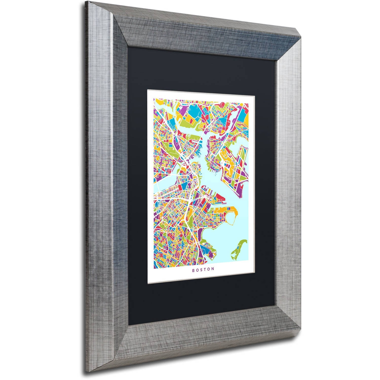 Trademark Fine Art "Boston MA Street Map 2" Canvas Art by Michael Tompsett, Black Matte, Silver Frame