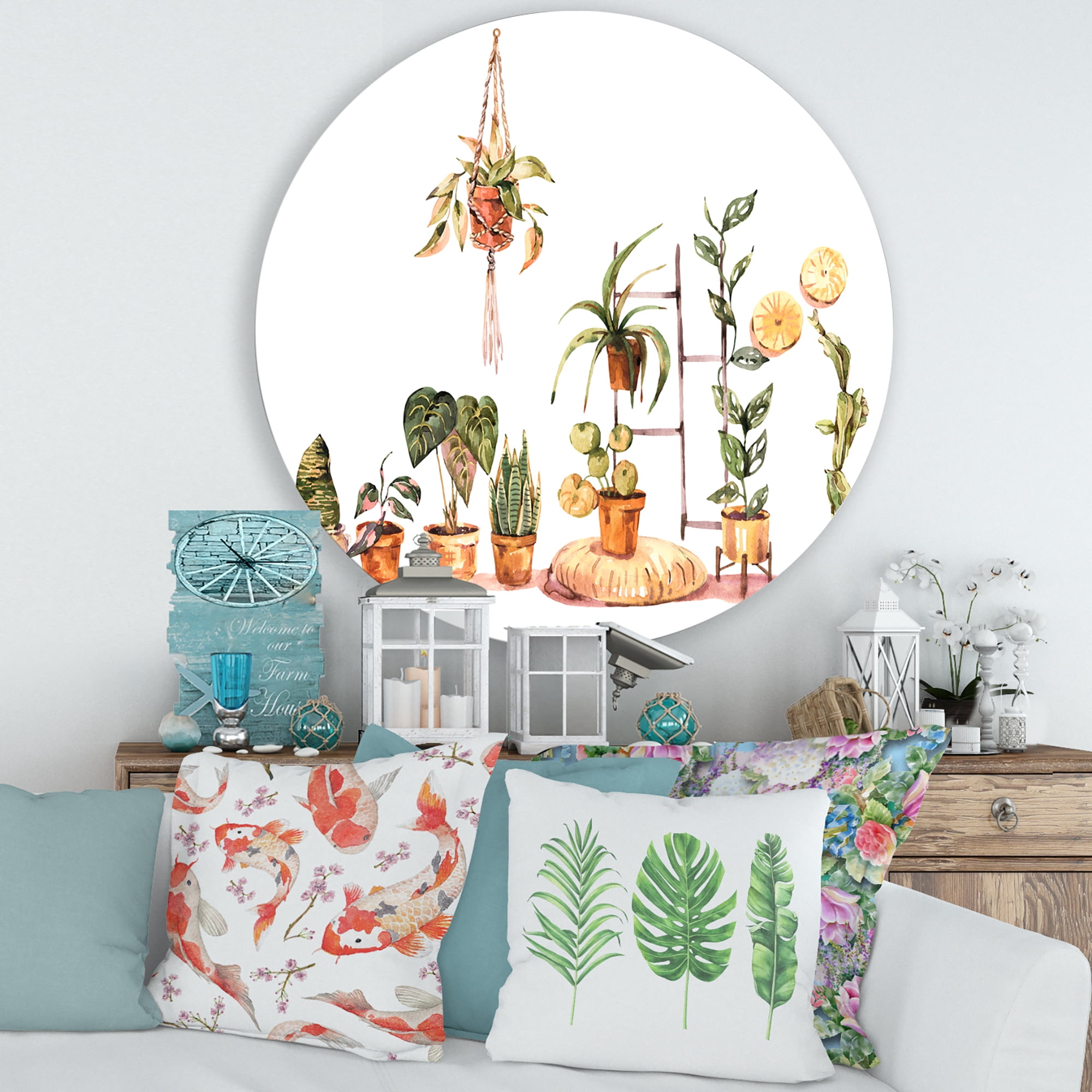Designart 'Indoor House Plants Urban Jungle in Flowerpots II' Traditional Circle Metal Wall Art 29x29 - Disc of 29