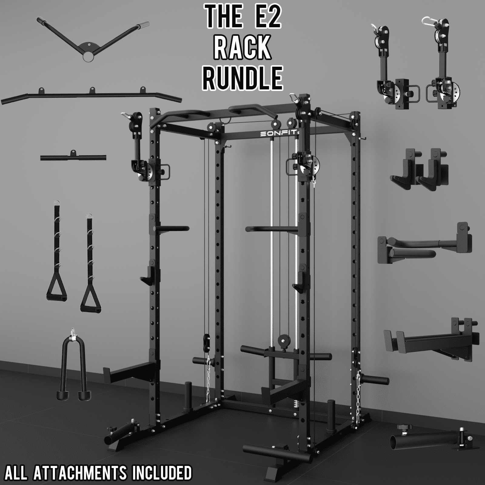 Eonfit E2 Power Cage with 3D Rotation Arms - Multi-Functional Power Rack for Home Gym. 1500lb Squat Rack for Home Gym. Pulley System for Cable Crossover & LAT Pulldown (E2 BLK PRO)