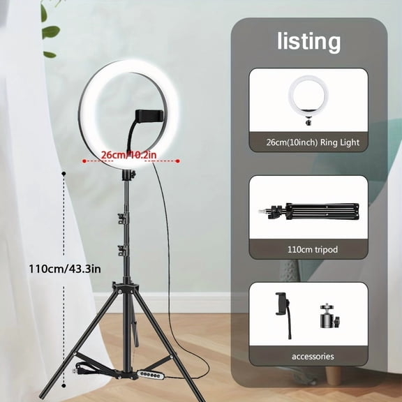10 Inch LED Ring Light with 43in Tripod & Phone Holder for Vlogging, Selfie, Video Recording, Live Stream