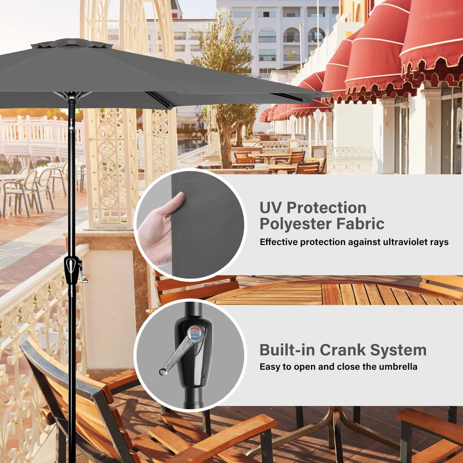Simple Deluxe 9ft Outdoor Market Table Patio Umbrella with Button Tilt and 8 Sturdy Ribs, Grey, 1 Pack