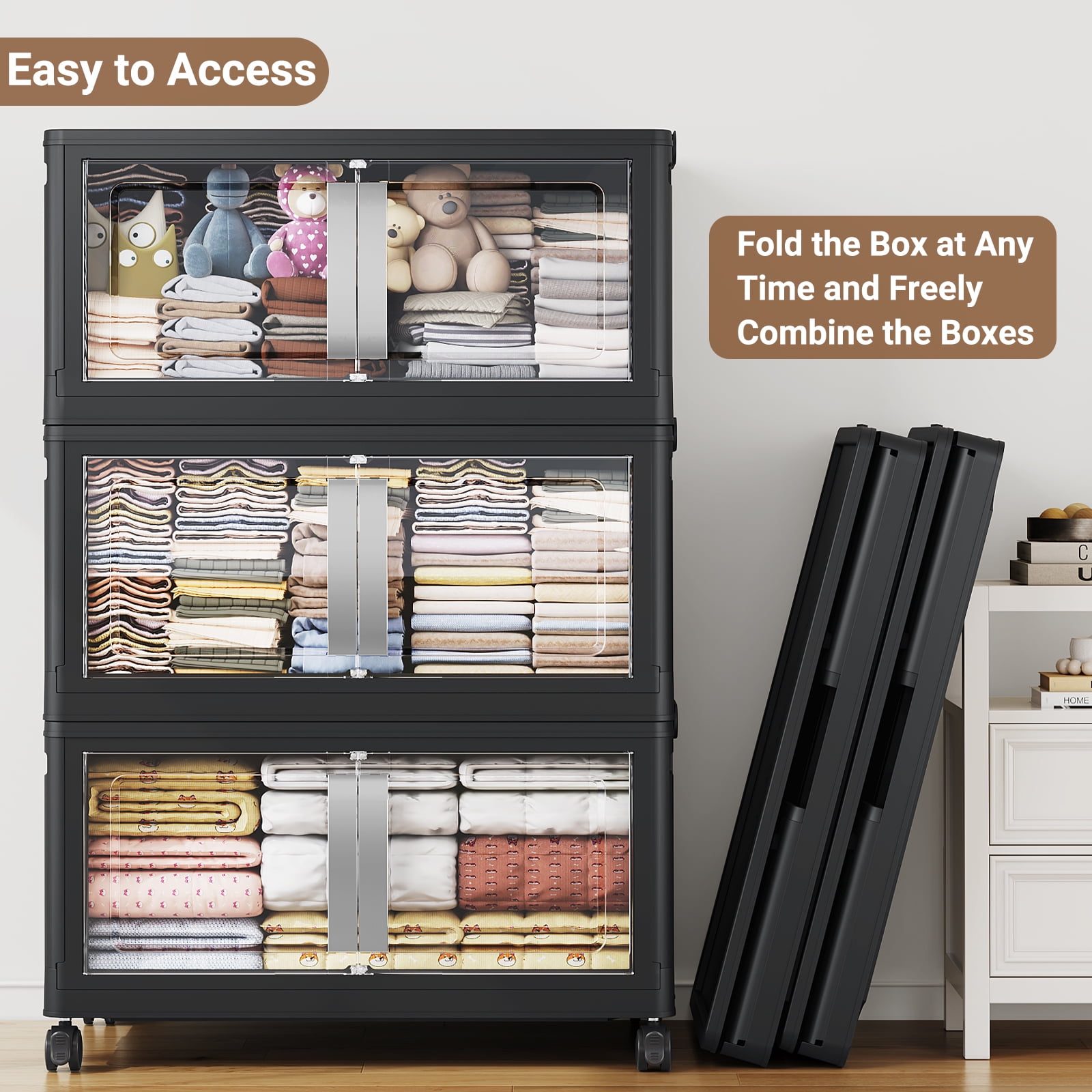 Broview 240Gal Extra Large Stackable Storage Bins, 960Qt Collapsible Plastic Storage Box with Clear Doors, Foldable Containers With Drawers, Magnetic Closure, 360° Swivel Wheels, Black, 6Pack V70