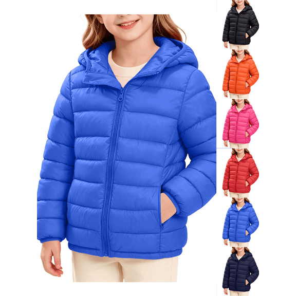 Girls Winter Coat Nelozsy Children's Winter Solid Color Long Sleeves Hooded Zipper Quilted Coat Keep Warm Coat Kids Blue 7-8Years