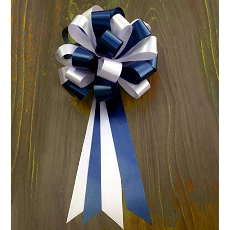 Navy Blue Bow - Navy Blue and White Wedding Pew Pull Bows - 8