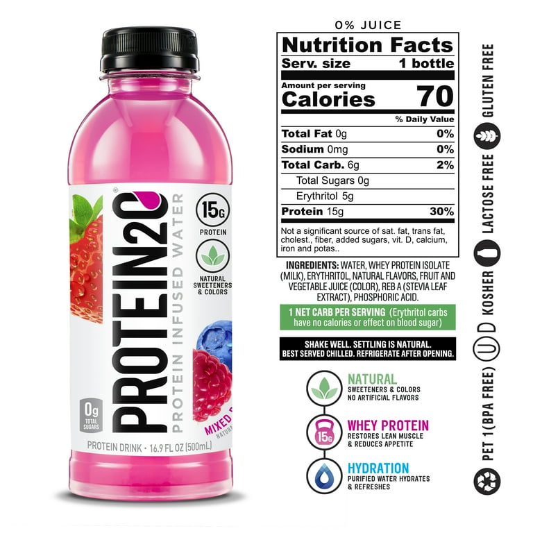 Protein2o +Electrolytes, 15g Whey Protein Infused Water, Mixed Berry, 16.9  fl oz Bottle (Pack of 12) 