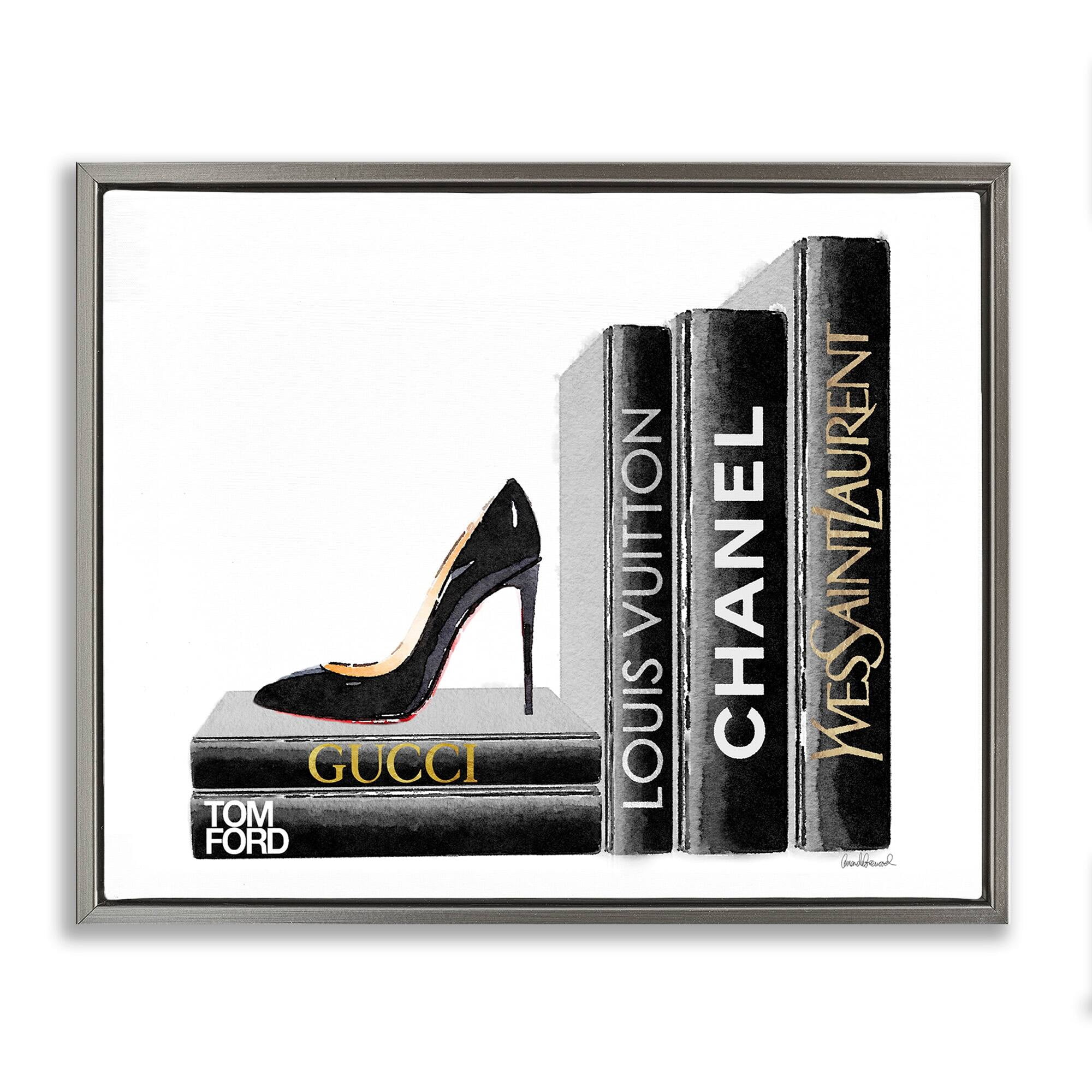 Stupell Industries High Fashion Black Book Shelf with Stilettos Heel Luster Gray Framed Floating Canvas Wall Art, 16x20, by Amanda Greenwood