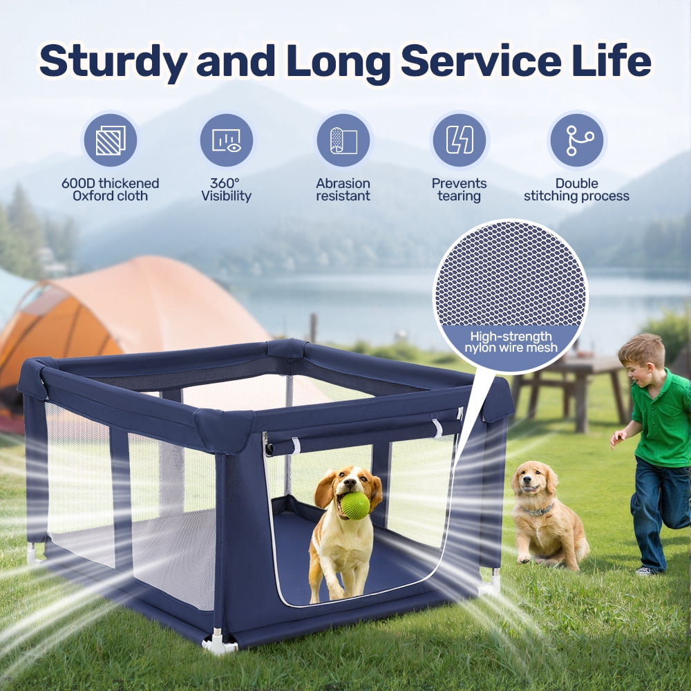 Puppy Playpen Indoor, DOMIPET 42.5x42.5x26.8 Inches Dog Play Pen with Gate, Portable Pet Exercise Pen, Anti-Tipping Enclosure with Zipper Door