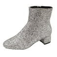 thumbnail image 6 of Women's Sparkly Sequin Dress Boots Glitter Leather Chunky Low Heel Mid Calf Short Ankle Booties for Christmas Wedding Party Silver Size 6, 6 of 7