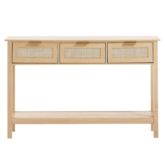 Rattan Entry Table with 3 Drawers&Sliding Door, Natural Rattan Console for Living Room, Hallway, or Study, Sofa Table with Storage