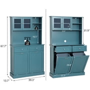 KIGOTY Kitchen Trash Cabinet, Double Tilt Out Trash Can Cabinet with Countertop and Drawer, Free-Standing Pet Proof Recycling Cabinet Garbage Can Holder (67H,Blue)