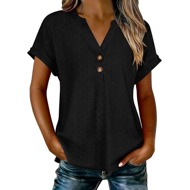 Abcnature Haut à Boutons à Col en V pour Femmes, Blouse Texturée à Manches Courtes, Chemise Décontractée Unie pour Dames