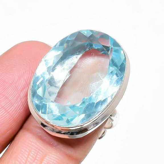 Swiss Blue Topaz Oval Shape Gemstone Adjustable Ring Handmade Beautiful Jewelry