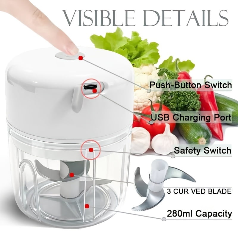 Portable electric food processor - 280ml rechargeable garlic chopper, suitable for processing garlic, ginger, onions, nuts, peppers, onions, minced meat and other foods
