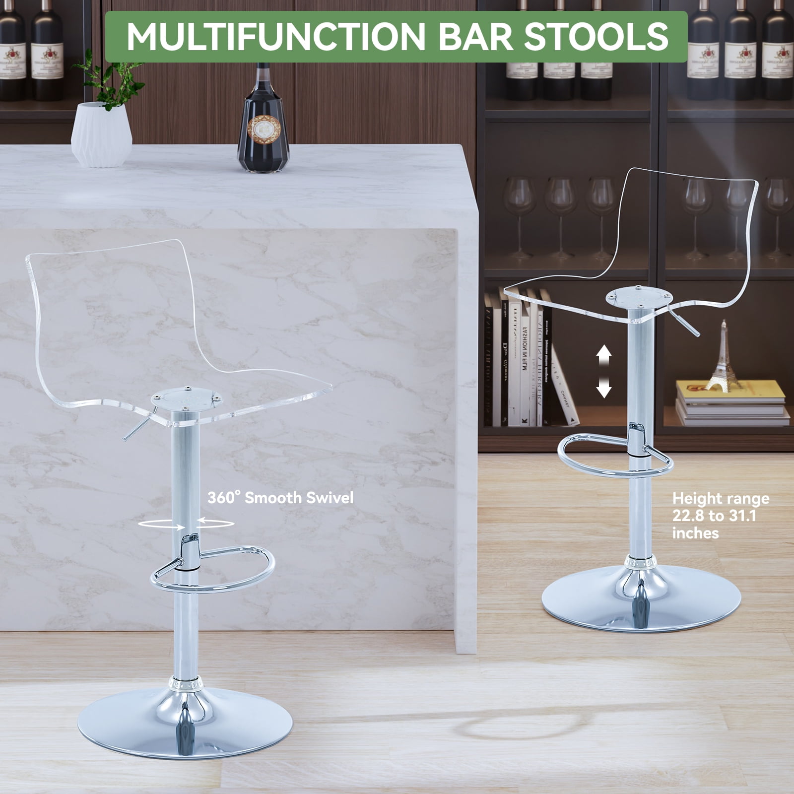Acrylic Bar Stools Set of 2, Clear Adjustable Height Silver Base Barstools with Back, 360° Swivel Transparent Modern Bar Stool for Kitchen Island, Dining, Bar, Pub