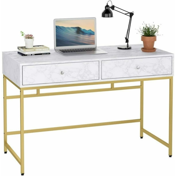 Cinak Marble Finish Computer Desk With 2 Drawers Glossy White Solid Golden Metal Leg Gold And Com Cinak Marble Finish Computer Desk With, White Marble Desk With Gold Legs