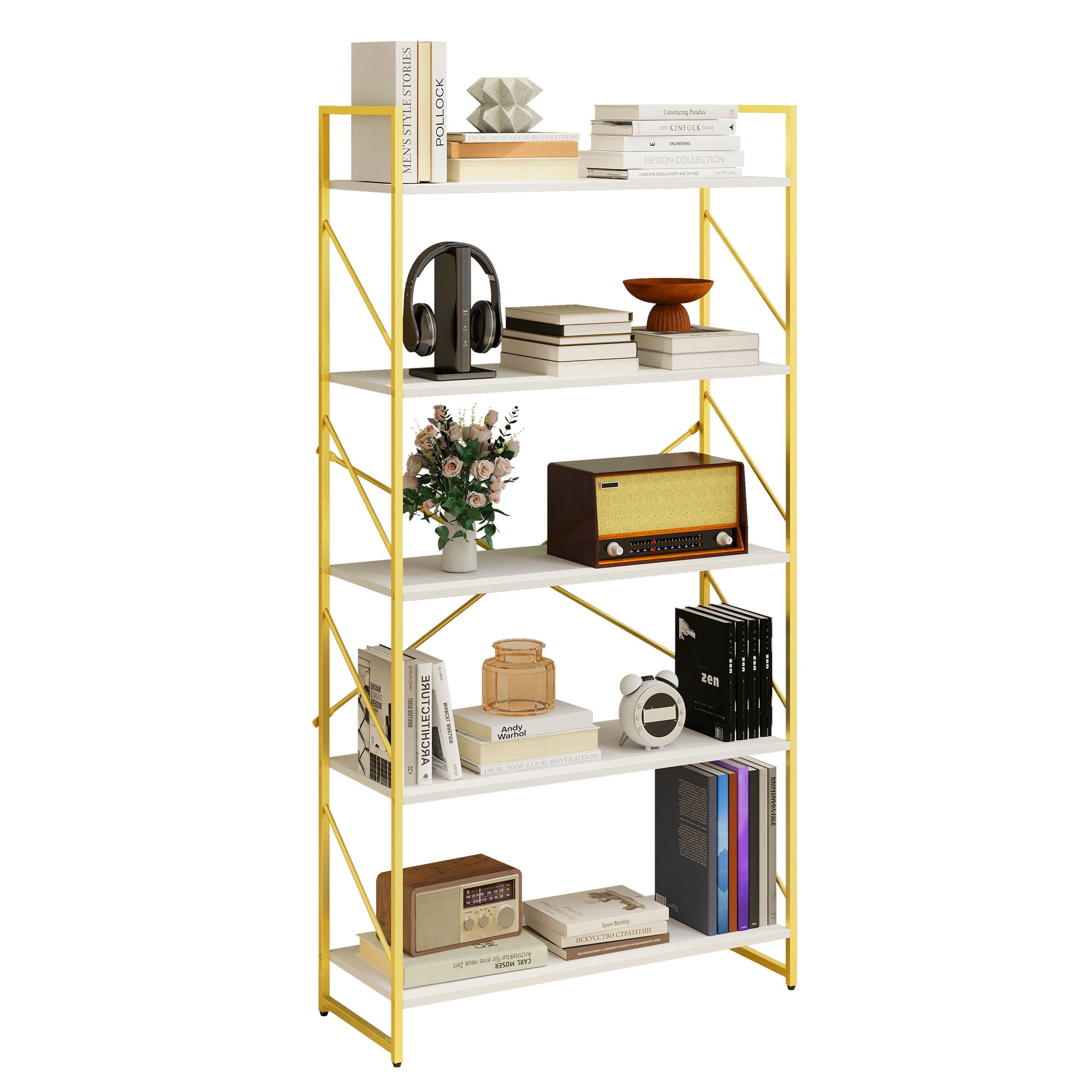 Dextrus 5-Tier Bookshelf, Gold Bookcase, Industrial Freestanding Book Shelf Modern Open Display Storage Organizer Book Shelves for Bedroom, Living Room and Home Office, Gold and White