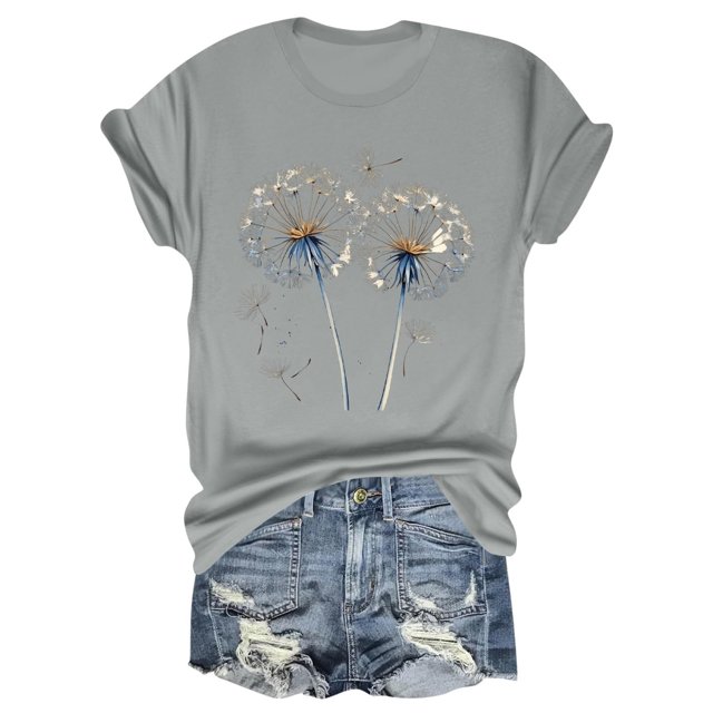 TSADFHJI Hauts pour Femmes pour l'Automne Boho Été T-Shirt à Manches Courtes Imprimé Floral Coupe Ample Col Rond Décontracté Tendance Été TTG Gris