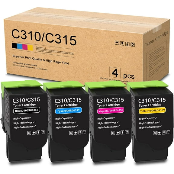 C310 / C315 High Capacity Toner Cartridge Set (4-Pack, BK/C/M/Y) - Compatible 006R04356 006R04357 006R04358 006R04359 Toner Cartridge Replacement for Xerox C310 C310DNI C310DNIM C315 Color Printer