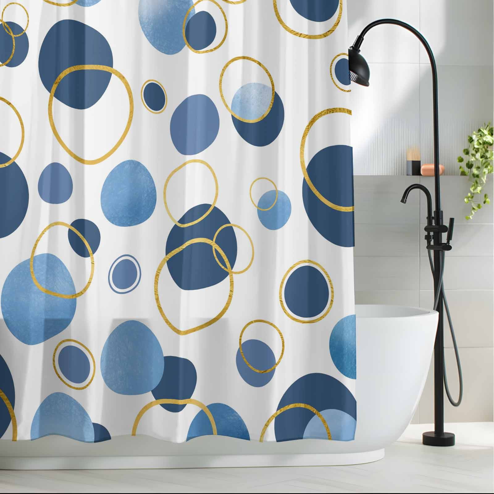 Blue Polka Dots Shower Curtain Set, Waterproof Shower Curtains for Bathroom, Modern Abstract Art Washable Fabric Cloth Bath Curtain for Bathtub Decoration with Hooks 54x78 Inches Geometric