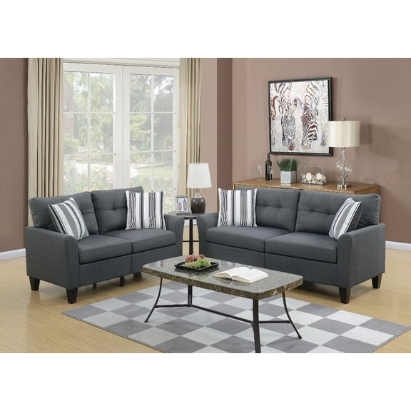 2pc Living Room Set: Sofa & Loveseat in Charcoal Polyfiber on Solid Pine with Strips Pillows