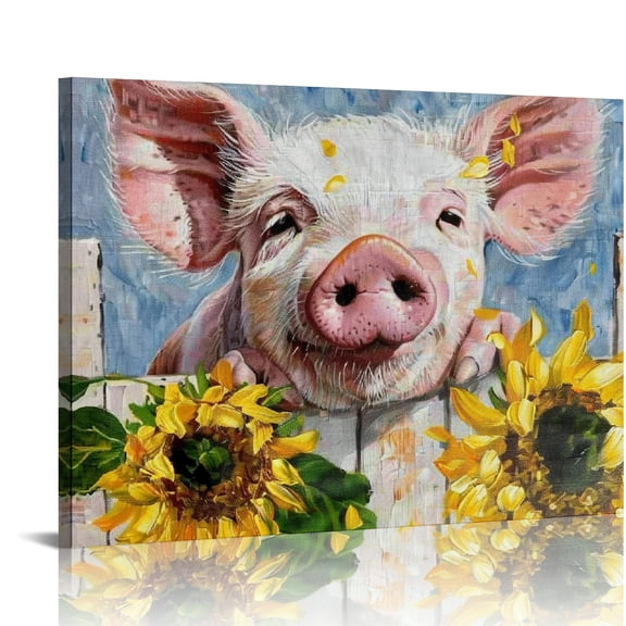 ZFLMY Pig Sunflower Painting Canvas Print Wall Decorations for Home, Living Room, Bedroom, Kitchen, Bathroom - Ready To Hang Room Home Art Decor 16x12in