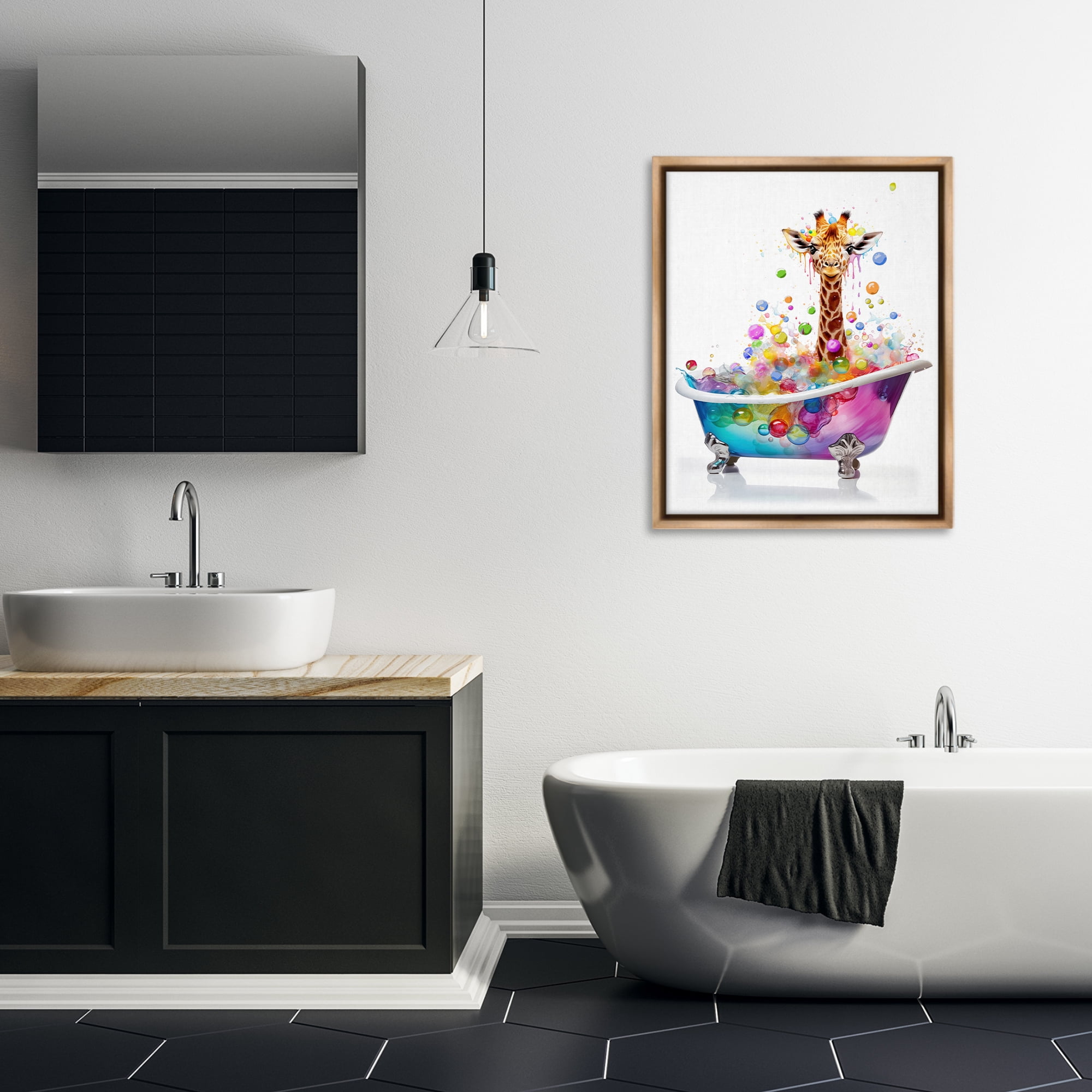 Stupell Industries Rainbow Bubble Bath Giraffe Bath & Laundry Painting Brown Floater Framed Canvas Art Print Wall Art, 25 x 31