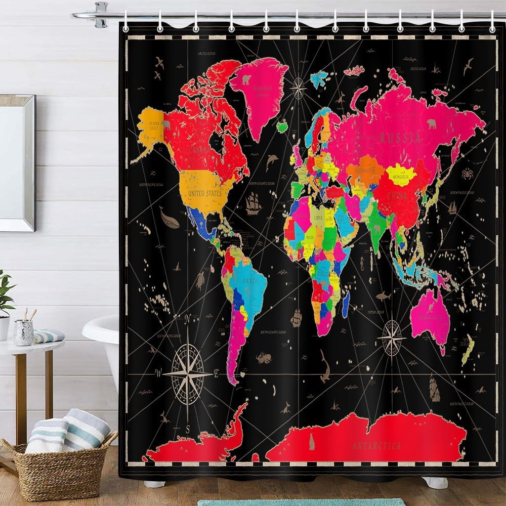 World Map Shower Curtain, Map of The World with National Educational Fabric Shower Curtains Set for Bathroom, Geography Educational Fabric Bathroom Shower Curtain with Hooks, 60X70IN（Black）